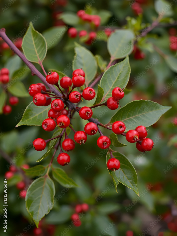Pyracantha (firethorn) branch with red berry pomes Pyracantha (firethorn) branch with red berry pomes