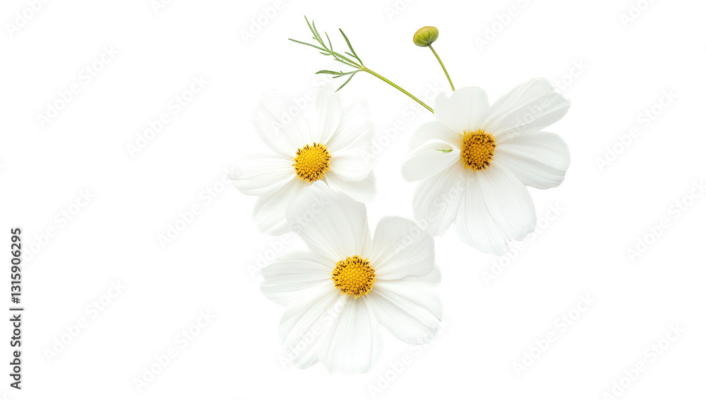 Fototapeta premium three delicate white flowers with yellow centers arranged on a light background symbolizing beauty and nature