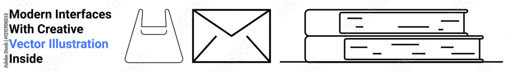 Minimalist line art featuring stacked books, an envelope, and a shopping bag. Ideal for education, e-commerce, email communication, minimal design, creative solutions, publishing flat landing page Minimalist line art featuring stacked books, an envelope, and a shopping bag. Ideal for education, e-commerce, email communication, minimal design, creative solutions, publishing flat landing page
