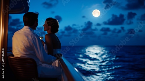 Romantic couple enjoys moonlit yacht cruise wine AI generated
