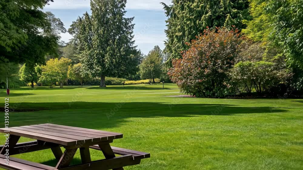 Serene park setting with picnic table under blue sky on a sunny day in a lush green environment Serene park setting with picnic table under blue sky on a sunny day in a lush green environment