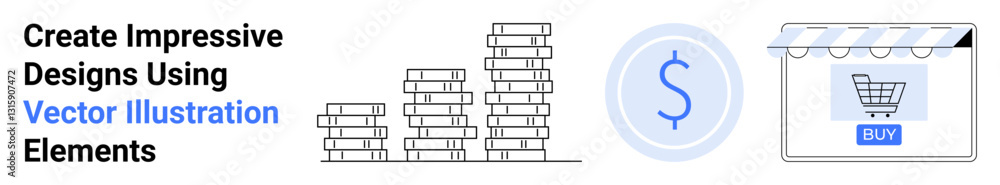 Stack of coins beside a dollar symbol and a shopping cart under a store canopy representing online transactions. Ideal for finance, e-commerce, marketing, shopping, budgeting, advertising, flat Stack of coins beside a dollar symbol and a shopping cart under a store canopy representing online transactions. Ideal for finance, e-commerce, marketing, shopping, budgeting, advertising, flat