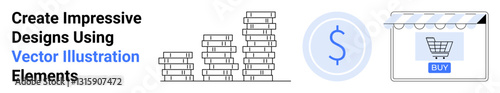 Stack of coins beside a dollar symbol and a shopping cart under a store canopy representing online transactions. Ideal for finance, e-commerce, marketing, shopping, budgeting, advertising, flat