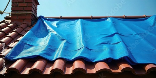 Temporary Roof Protection A Blue Tarp Draped Over Red Tiles Under a Sunny Sky