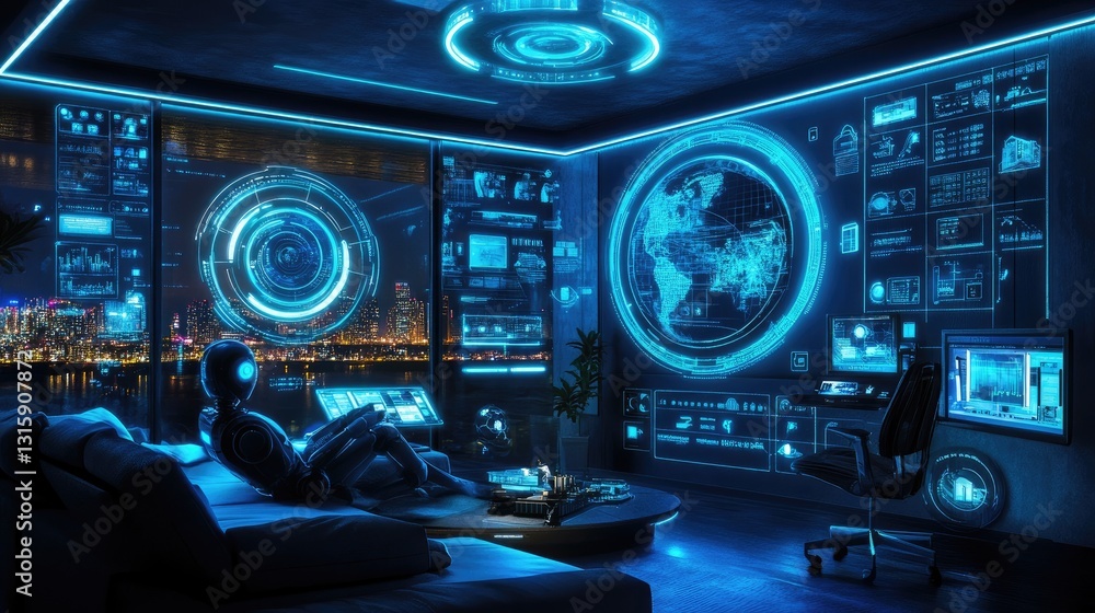 Fototapeta premium Futuristic humanoid AI robot interacting with smart home devices.