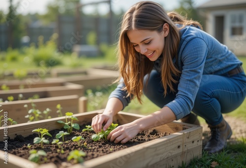 Gardener tends to young plants in an outdoor vegetable garden