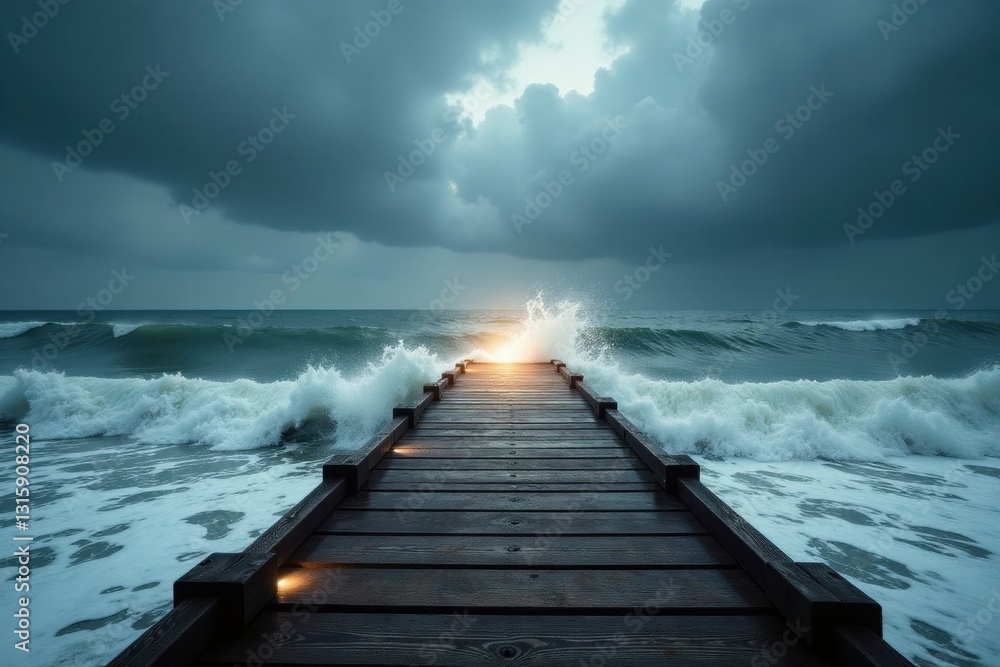 Fototapeta premium Wooden pier extending into a stormy sea with powerful waves crashing around it, a dramatic scene of nature's power and resilience.