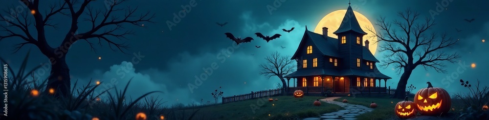 Naklejka premium Spooky haunted house with bats, pumpkins, and ghosts, festive, eerie