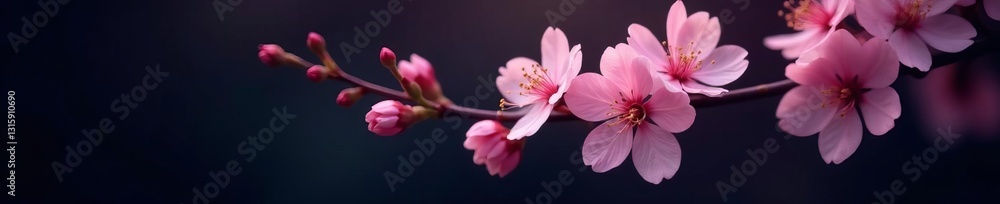 Fototapeta premium Close-up of blooming cherry blossom branch against dark background, sakura, pink