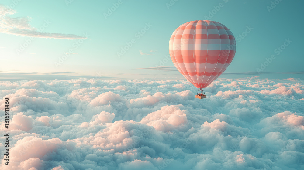 Obraz premium Brightly colored hot air balloon flying over a soft white cloud against a clear blue sky in a floating 3d style