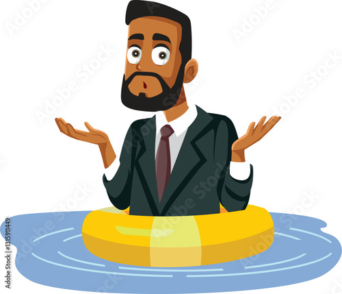Puzzled Businessman Wearing Lifebuoy Vector Concept Illustration. Business person feeling concerned using floating on water 
