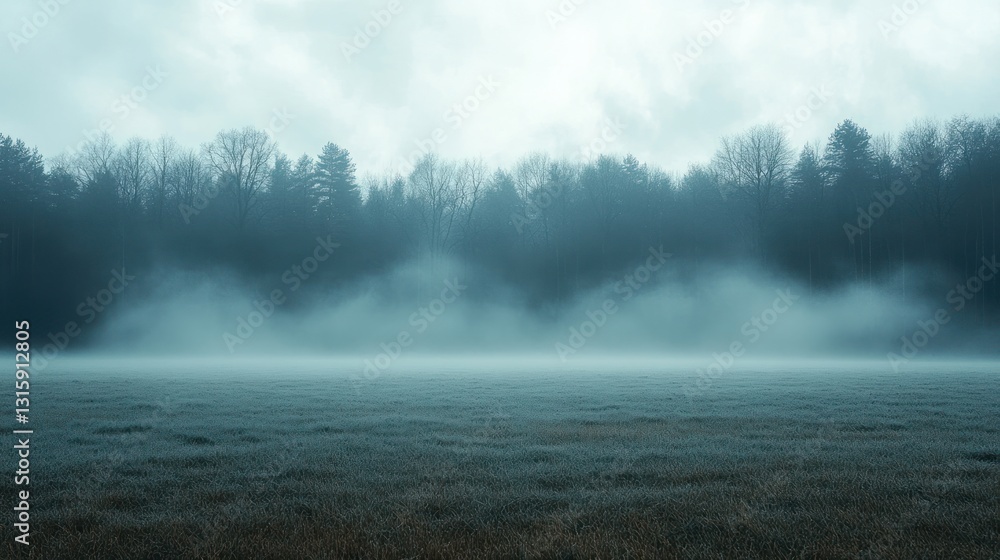 Fototapeta premium Foggy field with trees, mysterious mood, ideal for nature backgrounds