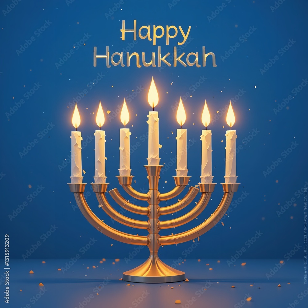 A glowing menorah celebrates Hanukkah, a festival of lights, with its warm golden branches and flickering white candles against a deep blue backdrop. A glowing menorah celebrates Hanukkah, a festival of lights, with its warm golden branches and flickering white candles against a deep blue backdrop.