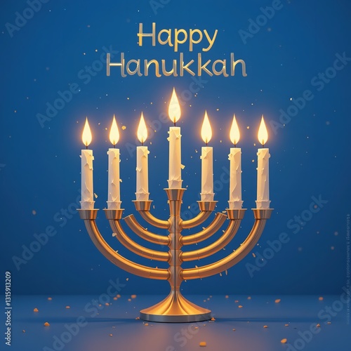 A glowing menorah celebrates Hanukkah, a festival of lights, with its warm golden branches and flickering white candles against a deep blue backdrop.