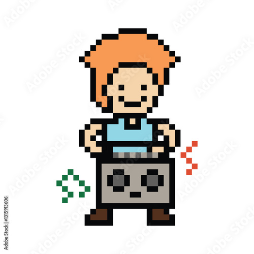 Cute cartoon pixel character cute man exercises training aerobic dance lifestyle music decoration life style 8 bit male boy dance with music game 8bit fitness isolated PNG vector.