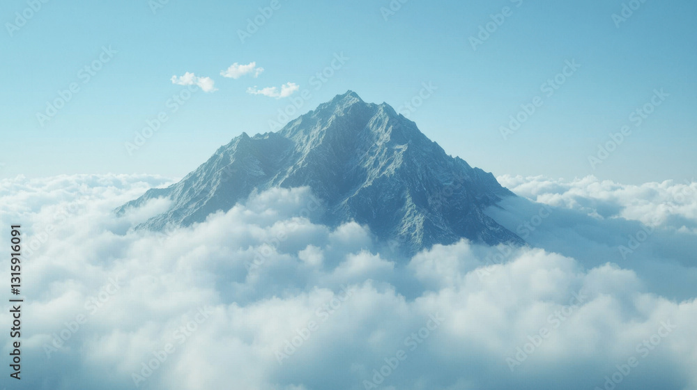 A striking mountain peak emerging from billowing clouds creating a stunning atmosphere of nature's majesty A striking mountain peak emerging from billowing clouds creating a stunning atmosphere of nature's majesty