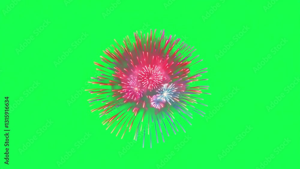 Vibrant fireworks burst night 4K video, transparent on green screen