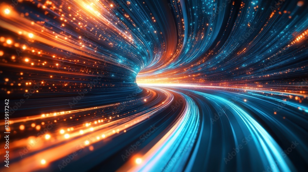 Obraz premium Abstract tunnel of swirling light trails, vibrant blue and orange. Ideal for technology, speed, or futuristic concepts.