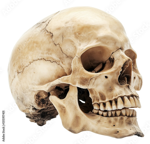 detailed side view of human skull showcasing its structure and texture, highlighting intricate bone formations and natural coloration