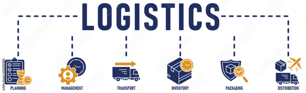 Logistics icon set and web header banner with buildings, trucking, people and shipping box Logistics icon set and web header banner with buildings, trucking, people and shipping box