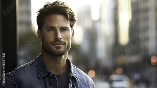 Stylish urban man in a casual pose with a head - and - shoulders portrait illuminated by soft left - side window light 