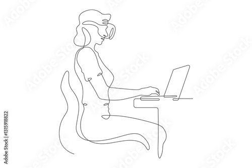 Continuous one line drawing woman sitting at laptop. Girl in virtual reality glasses. VR helmet.