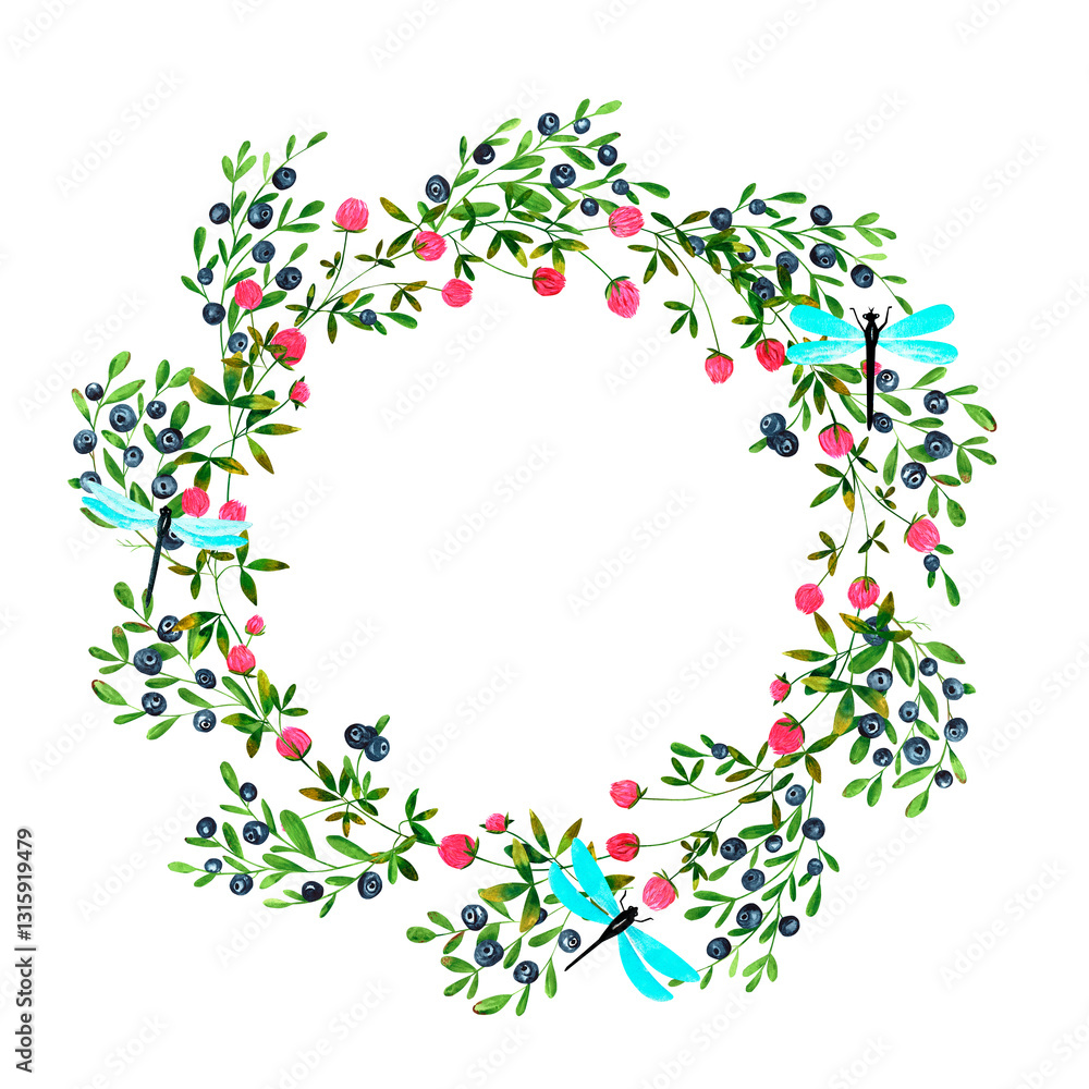 custom made wallpaper toronto digitalSet of round frames of watercolor berries and clover, butterflies, dragonflies, bumblebees. Fresh blueberries and clover flowers background. Clip art, design element