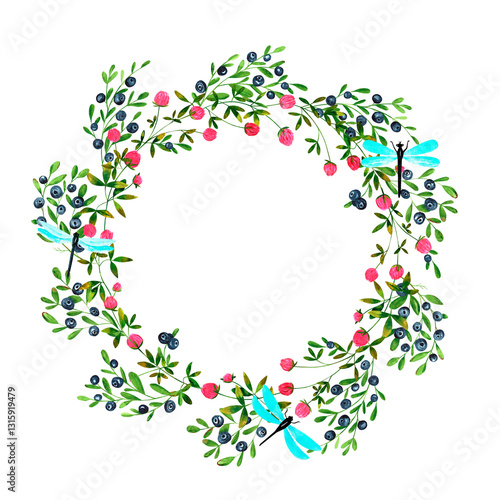 Wallpaper Mural Set of round frames of watercolor berries and clover, butterflies, dragonflies, bumblebees. Fresh blueberries and clover flowers background. Clip art, design element Torontodigital.ca
