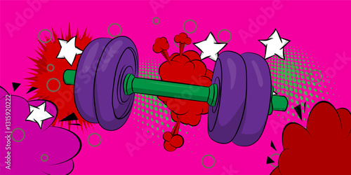 Cartoon Dumbbell, comic book Gym. Retro vector comics pop art design.