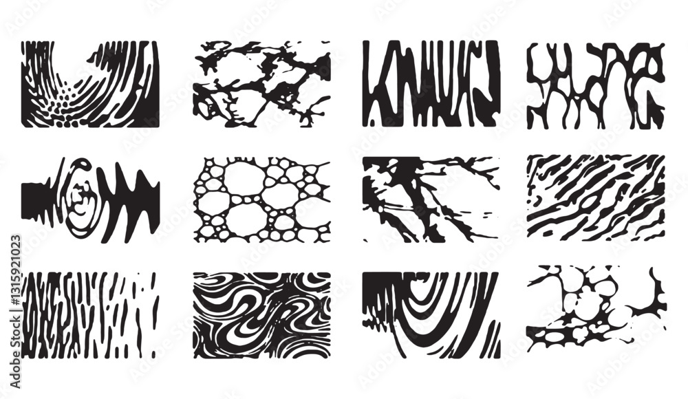 Twelve distinct abstract patterns in black and white showcasing organic shapes, lines, and textures ideal for backgrounds or design elements with a modern feel Twelve distinct abstract patterns in black and white showcasing organic shapes, lines, and textures ideal for backgrounds or design elements with a modern feel