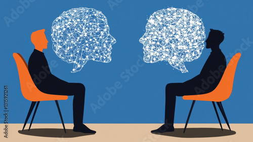 Two individuals sitting in chairs with their heads in synchrony representing investment psychology and thought patterns