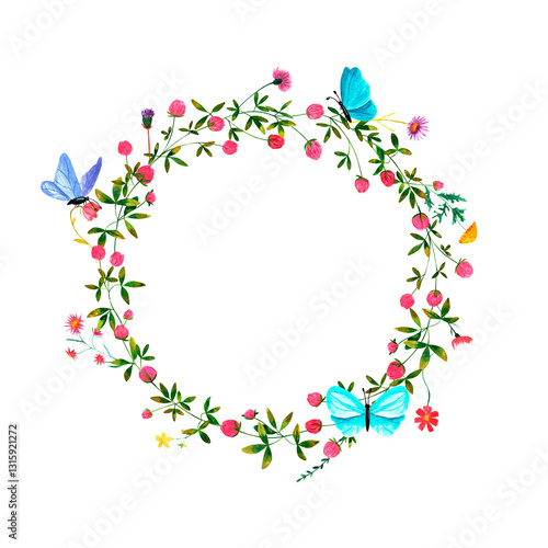 Watercolor round frame with wild flowers and clover, butterflies, bumblebees and dragonflies. Meadow plants. Clip art, design element.