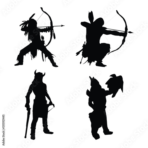 Native American warriors black silhouettes illustration on white background Vol 04