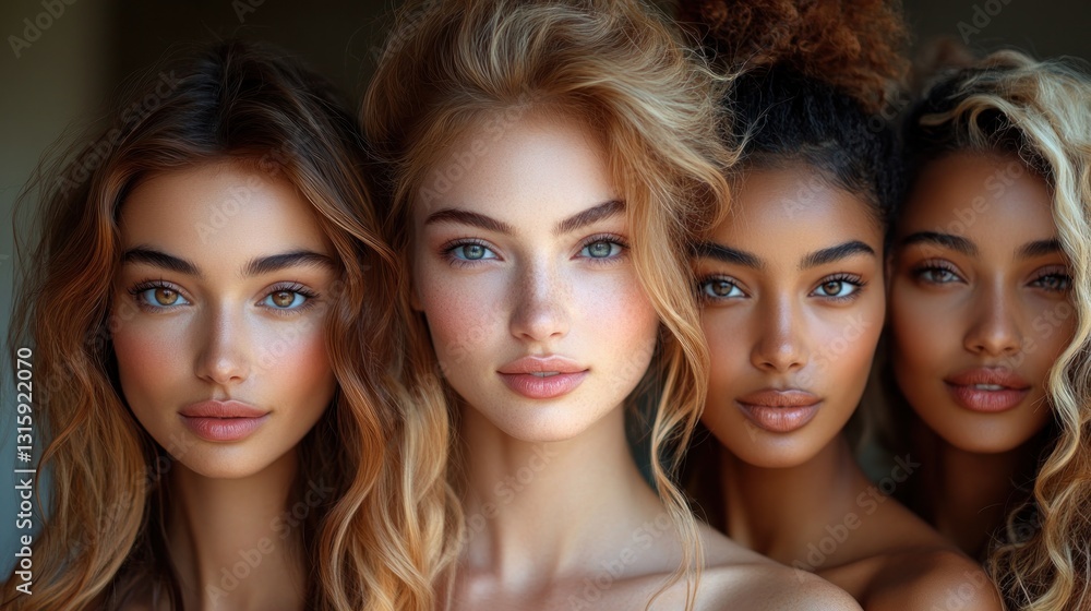 Obraz premium Four diverse women, close-up portrait, natural beauty, diversity concept