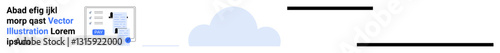 Interface panel with sliders and toggles beside a large cloud represents digital connectivity. Ideal for cloud computing, technology, data sharing, storage, networking, SaaS, abstract line flat