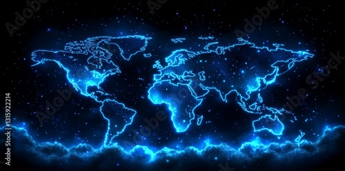 An abstract blue digital map of the world featuring interconnected lines and dots, perfect for travel, navigation, cartography, geography, cyber technology, data transfer, and business information