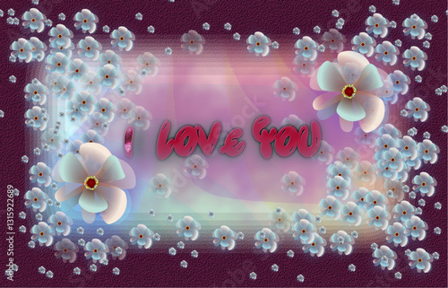 i love you card. Graphic vector design with flower pattern in the background. Love romance illustration.