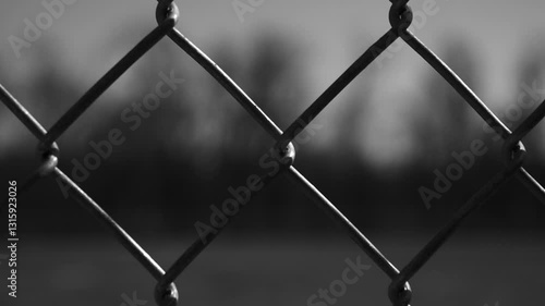 Black and white high contrast slow motion of chain link fence close up with blurred background