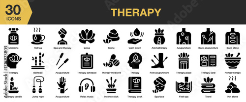 Therapy solid icon set. Includes support, session, psychologist, psychotherapy, therapist, and More. Solid icons vector collection.
