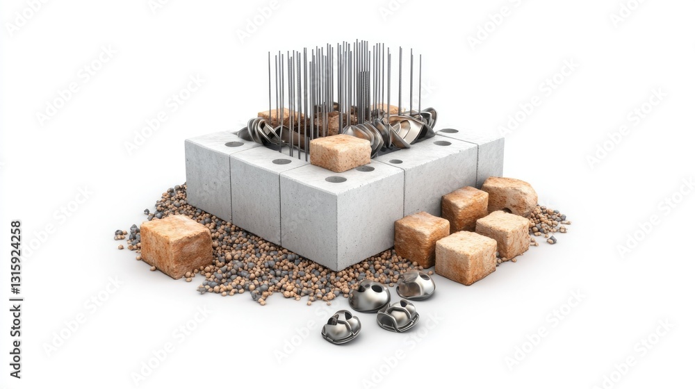 Close-up of a construction foundation materials set with concrete blocks, steel reinforcement, and gravel, captured with clarity and precision, set against a white background Close-up of a construction foundation materials set with concrete blocks, steel reinforcement, and gravel, captured with clarity and precision, set against a white background