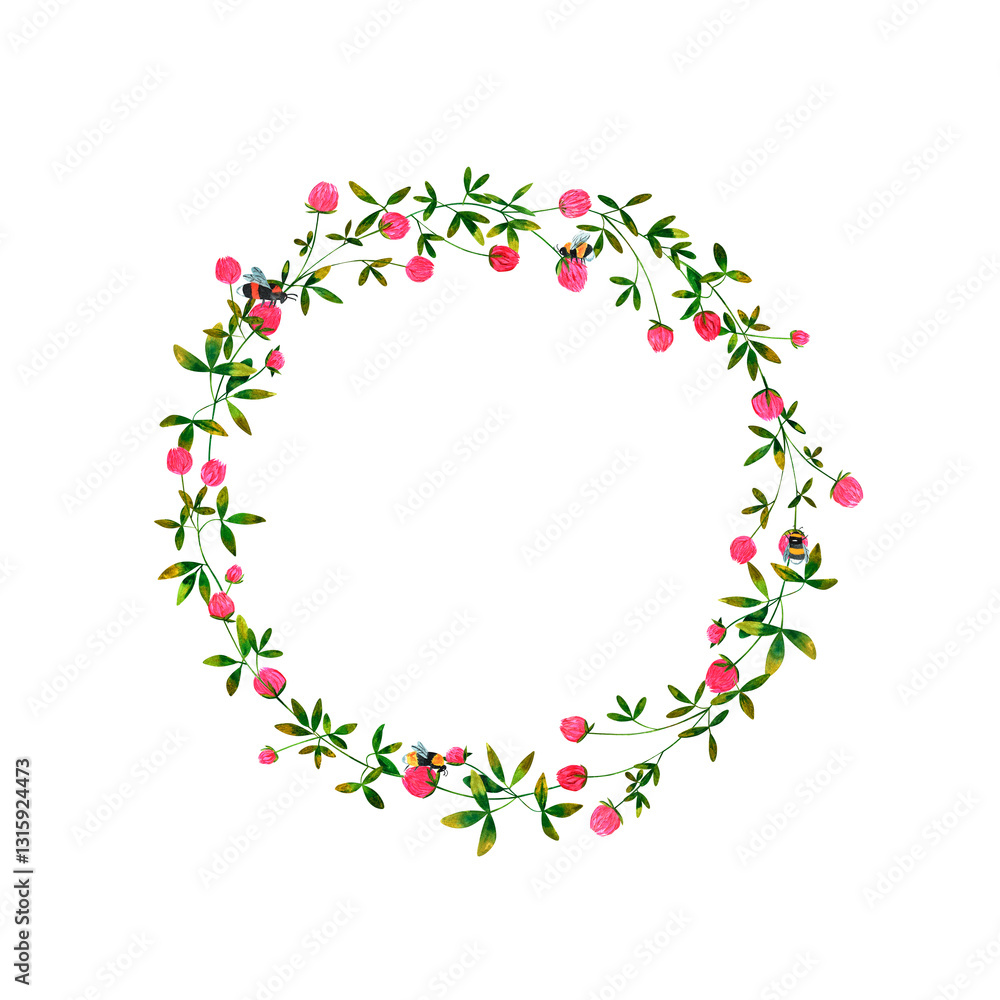 Watercolor wreath on white background. Summer round frame with clover, butterflies, dragonflies and bumblebees. Perfect for postcard, poster, card, invitations, wedding, birthday. Watercolor wreath on white background. Summer round frame with clover, butterflies, dragonflies and bumblebees. Perfect for postcard, poster, card, invitations, wedding, birthday.