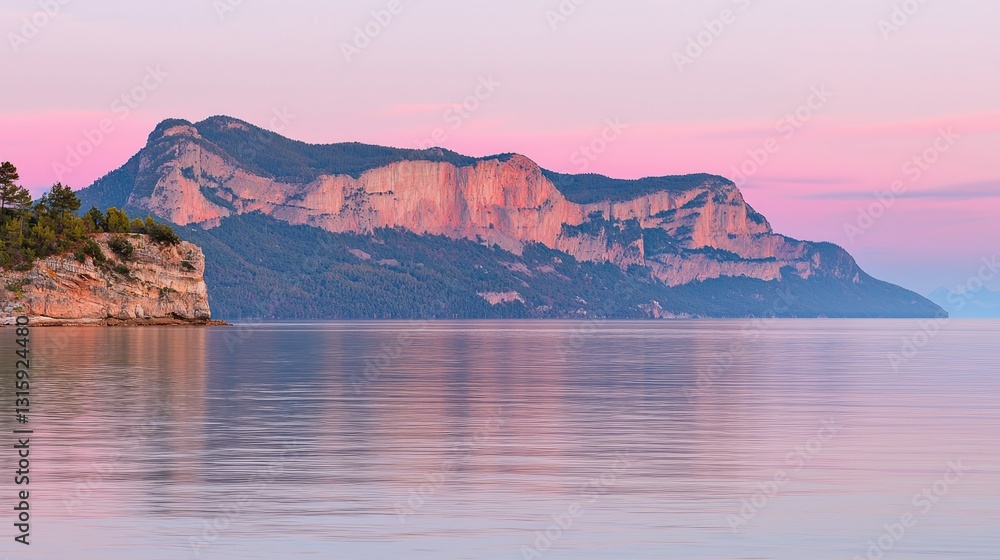 Naklejka premium Serene Coastal Landscape at Sunset with Vibrant Pink Sky and Calm Waters Reflecting Majestic Mountains in Tranquil Seascape