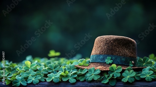 Irish themed festive hat with bright green clover leaves scattered on dark wooden planks
