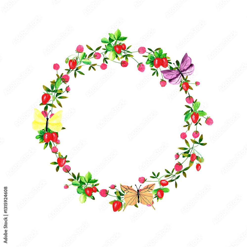 Fresh strawberries and clover flowers background. Set of round frames of watercolor berries and clover, dragonflies, butterflies, bumblebees. Clip art, design element. Fresh strawberries and clover flowers background. Set of round frames of watercolor berries and clover, dragonflies, butterflies, bumblebees. Clip art, design element.