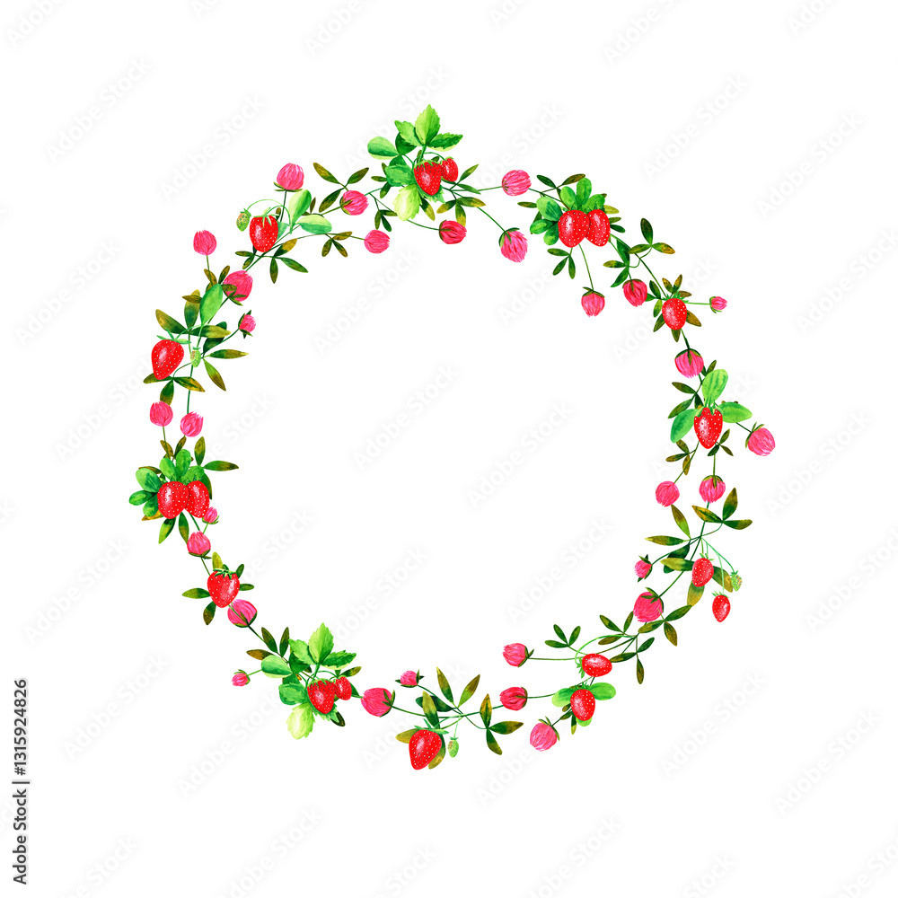 Fresh strawberries and clover flowers background. Set of round frames of watercolor berries and clover, dragonflies, butterflies, bumblebees. Clip art, design element. Fresh strawberries and clover flowers background. Set of round frames of watercolor berries and clover, dragonflies, butterflies, bumblebees. Clip art, design element.