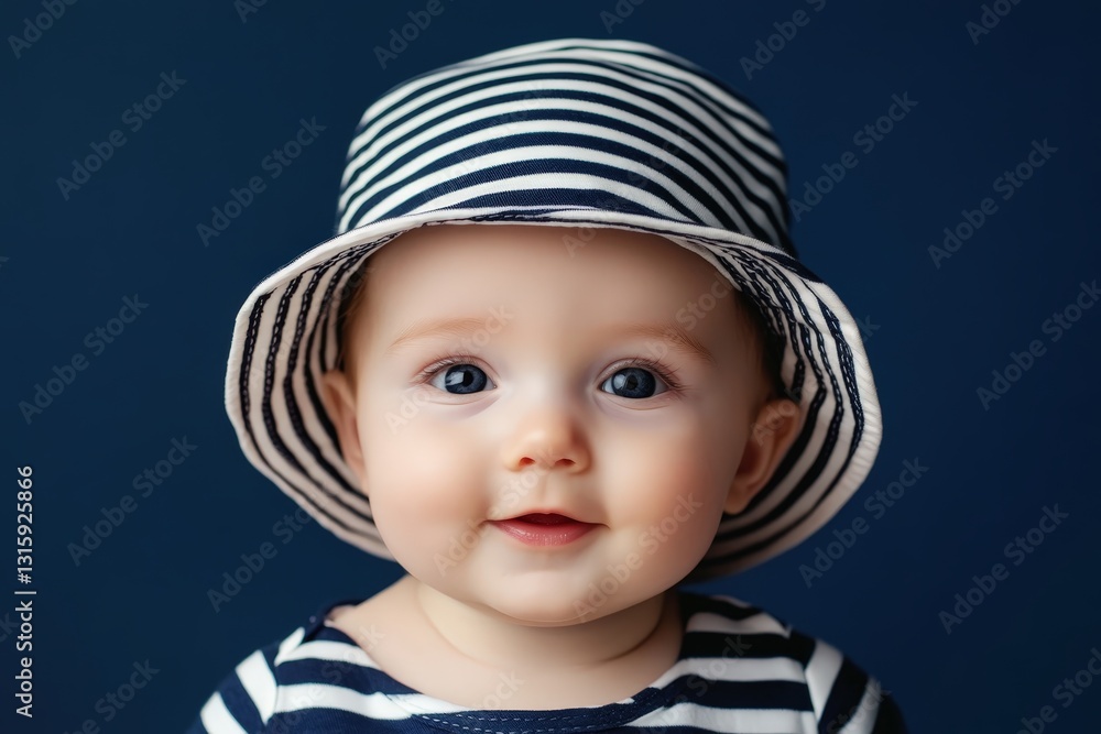 Adorable baby wearing a striped hat smiling at the camera on blue Adorable baby wearing a striped hat smiling at the camera on blue