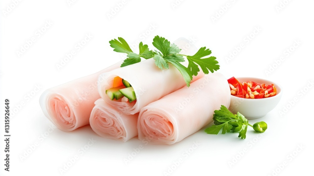 Close-up of a Vietnamese fermented pork roll (nem chua) set, captured with clarity and precision, set against a white background for easy integration into designs Close-up of a Vietnamese fermented pork roll (nem chua) set, captured with clarity and precision, set against a white background for easy integration into designs