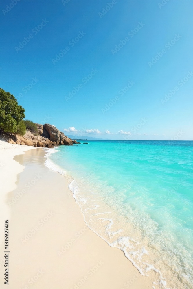 Serene Coastal Scene Azure Waters Lap Gently Against a Pristine Sandy Shore, Backdropped by Lush Foliage and Rocky Outcroppings under a Vivid Blue Sky. Serene Coastal Scene Azure Waters Lap Gently Against a Pristine Sandy Shore, Backdropped by Lush Foliage and Rocky Outcroppings under a Vivid Blue Sky.