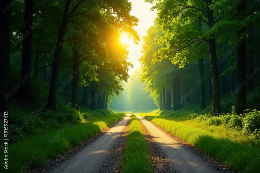 Fototapeta premium Sunlit Path Through Verdant Forest Canopy, A Serene and Peaceful Landscape Image Featuring a Winding Road