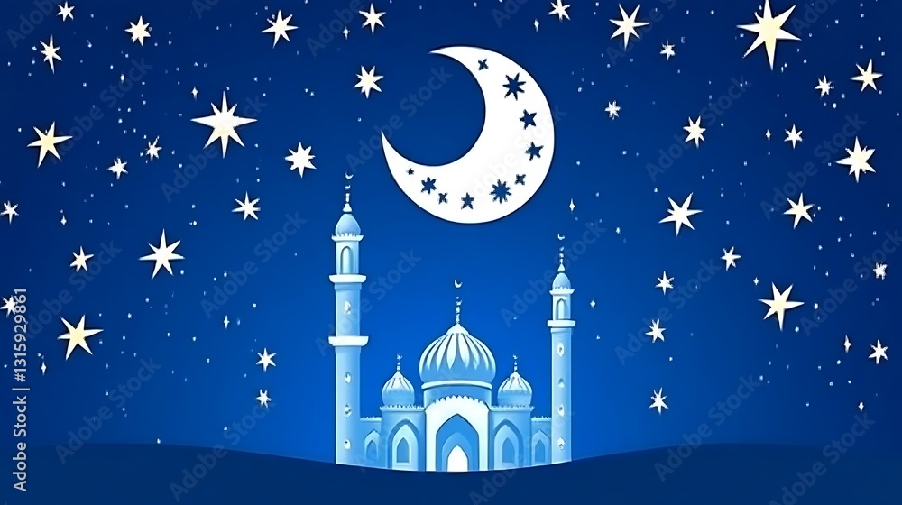 Fototapeta premium Night Mosque Crescent Stars